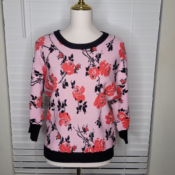 T Tahari Pink Black Red Floral Flower Power‎ 3/4 Sleeve Sweater Size Medium - Picture 1 of 8